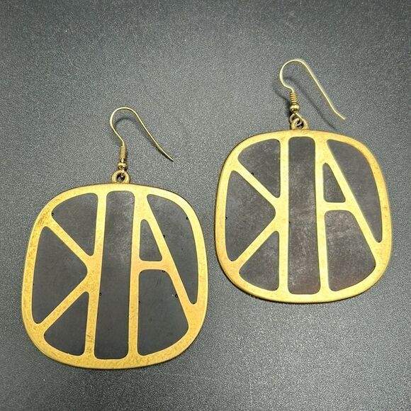 VTG 1980s Anne Klein Large Logo Black Gold Tone Earrings - Picture 5 of 10